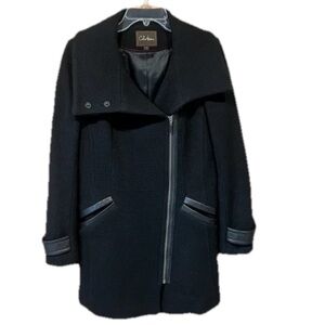 Cole Haan Size 4 Black Wool Blend Leather Trim Woman's Coat